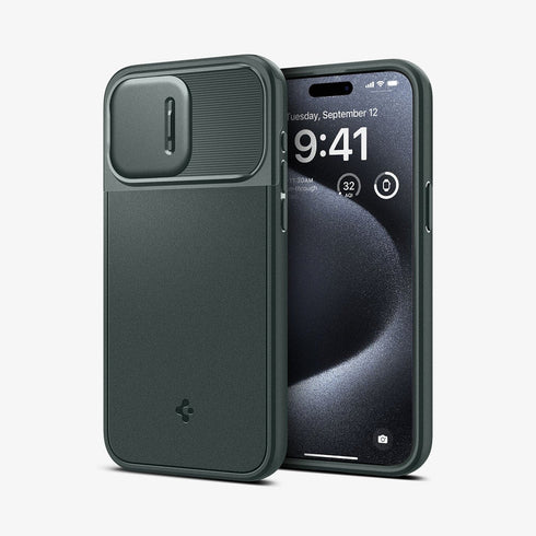 ACS06599 - iPhone 15 Pro Max Case Optik Armor (MagFit) in black showing the back with lens slot open